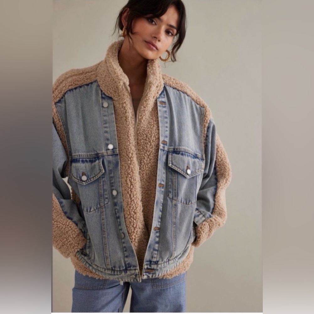ANTHROPOLOGIE BLANK NYC Fuzzy Wuzzy Sherpa Denim Jacket Sz M Oversized!